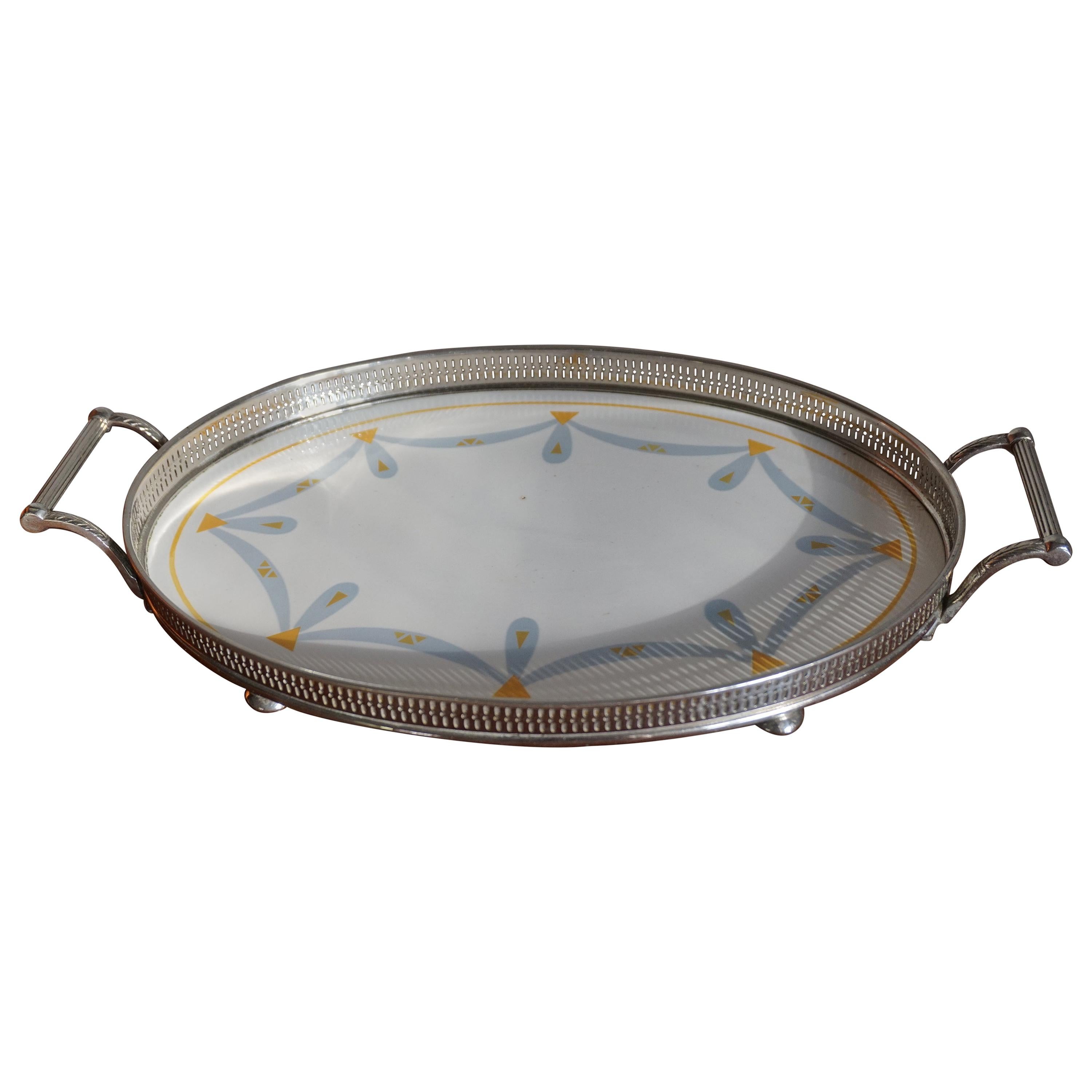 Small Art Deco Oval Porcelain Tile Serving Tray with Stylish Yellow & Gray Motif