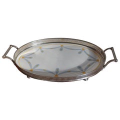 Antique Small Art Deco Oval Porcelain Tile Serving Tray with Stylish Yellow & Gray Motif