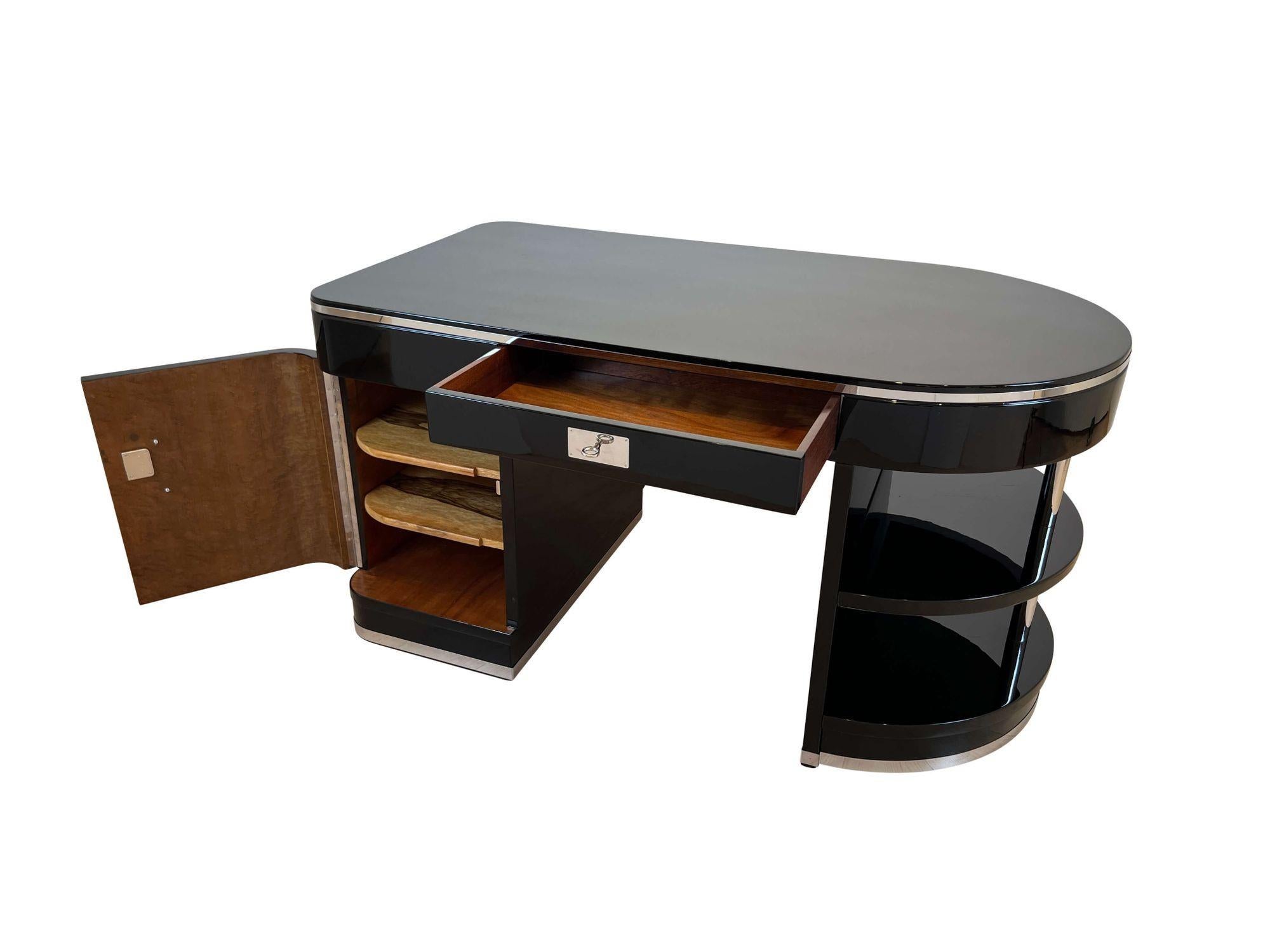 Small Art Deco Partners Desk, Black Lacquer, Metal trims, France, circa 1930 8