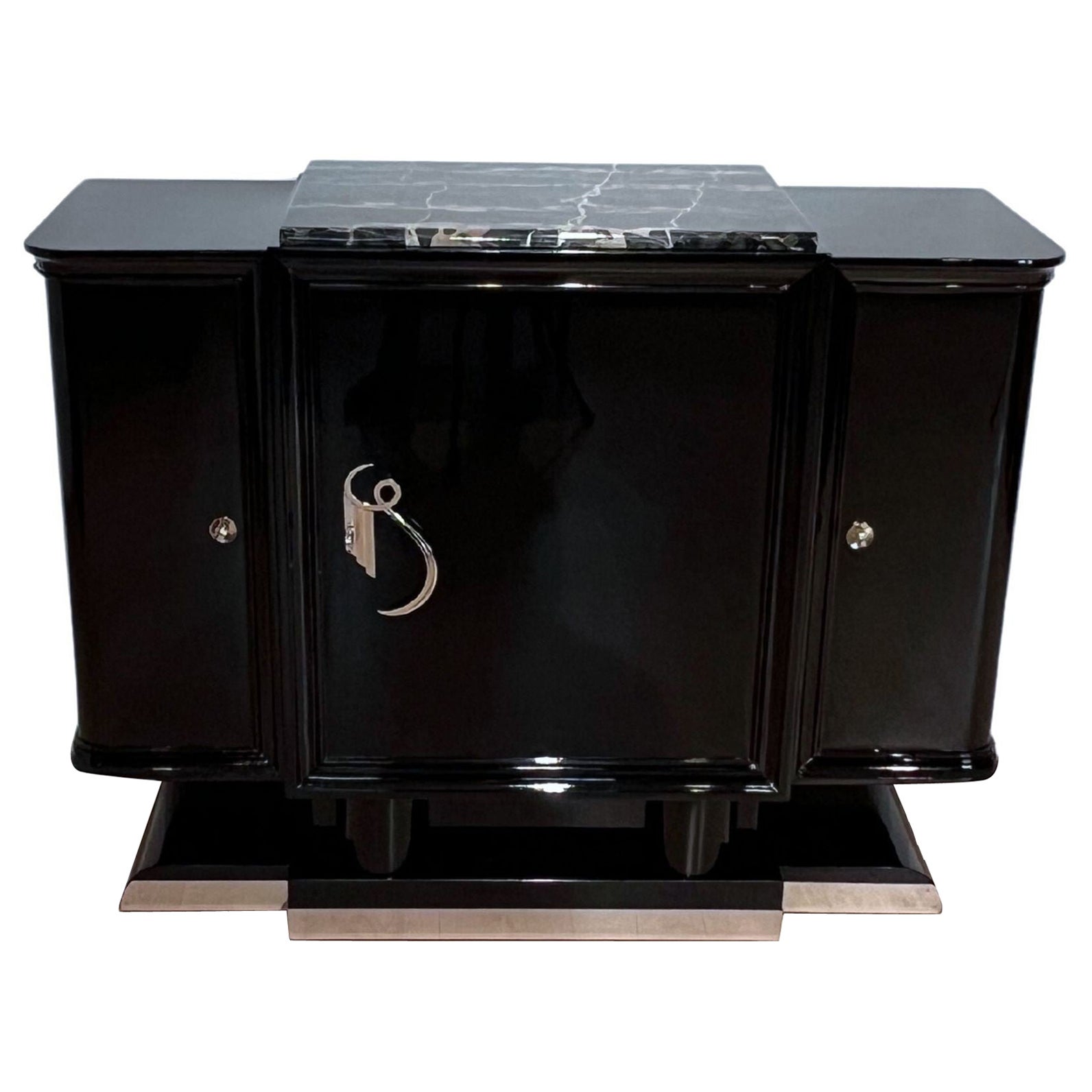 Small Art Deco Sideboard, Black Lacquer, Maple, Marble, France circa 1930