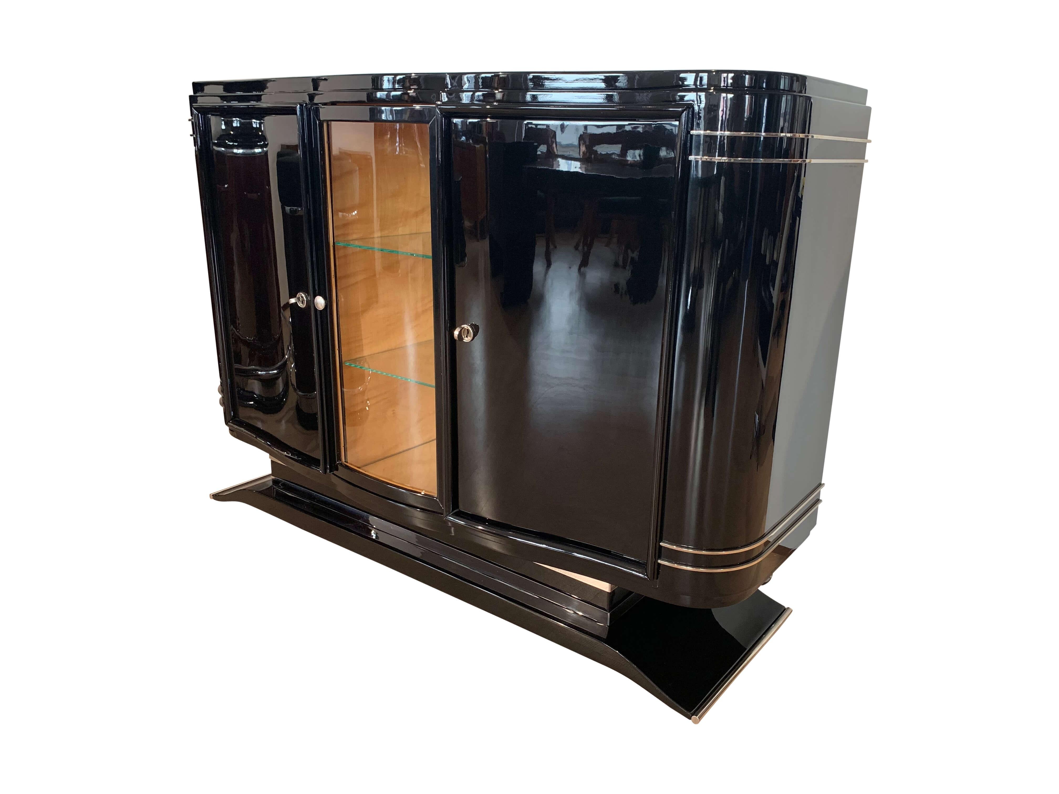 French Small Art Deco Sideboard / Buffet, Black Lacquer, Nickel, France, circa 1925