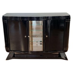 Piccola credenza / buffet Art Déco, lacca nera, nichel, Francia, circa 1925