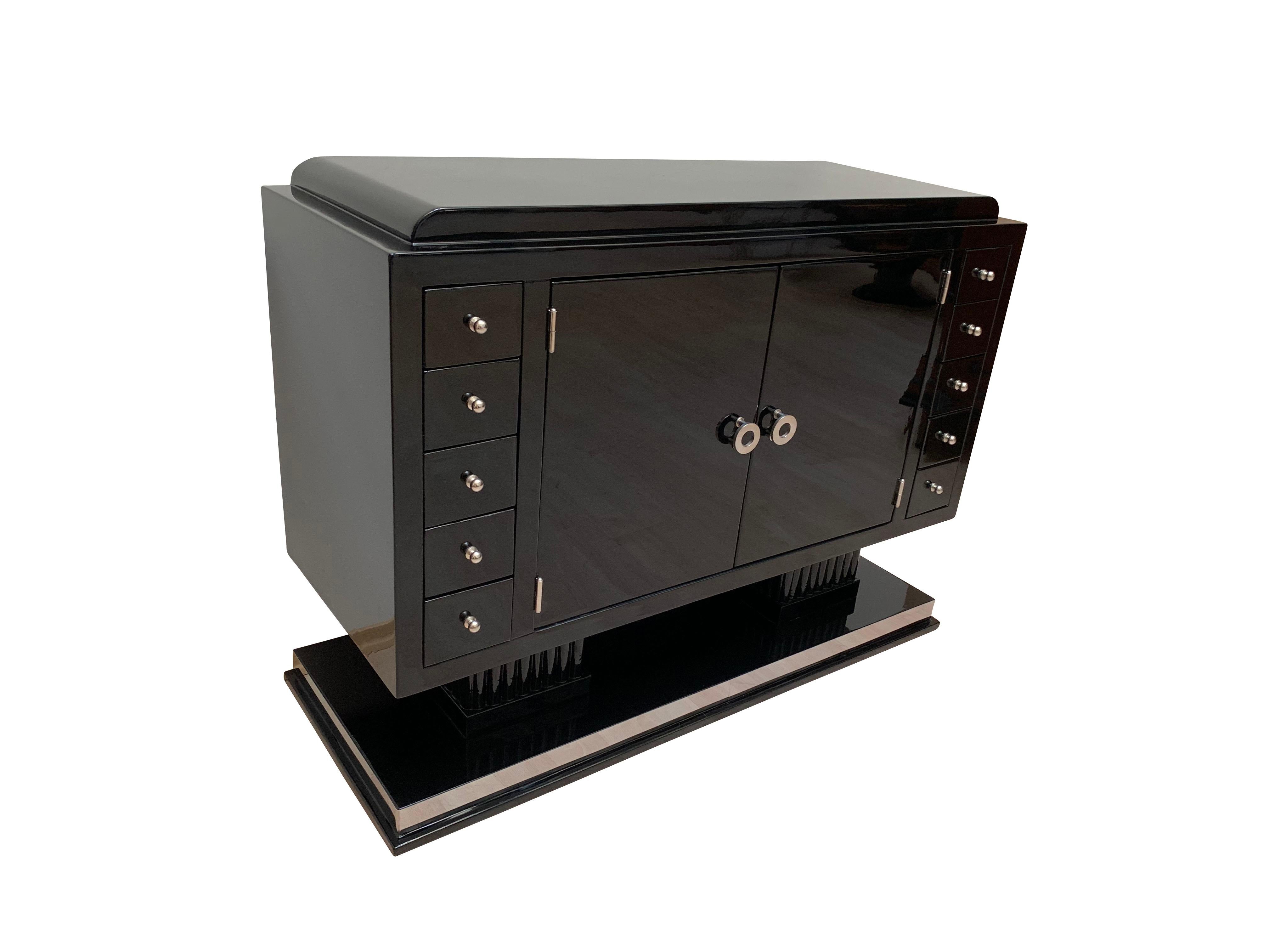 French Small Art Deco Sideboard with Drawers, Black Piano Lacquer, France, circa 1930