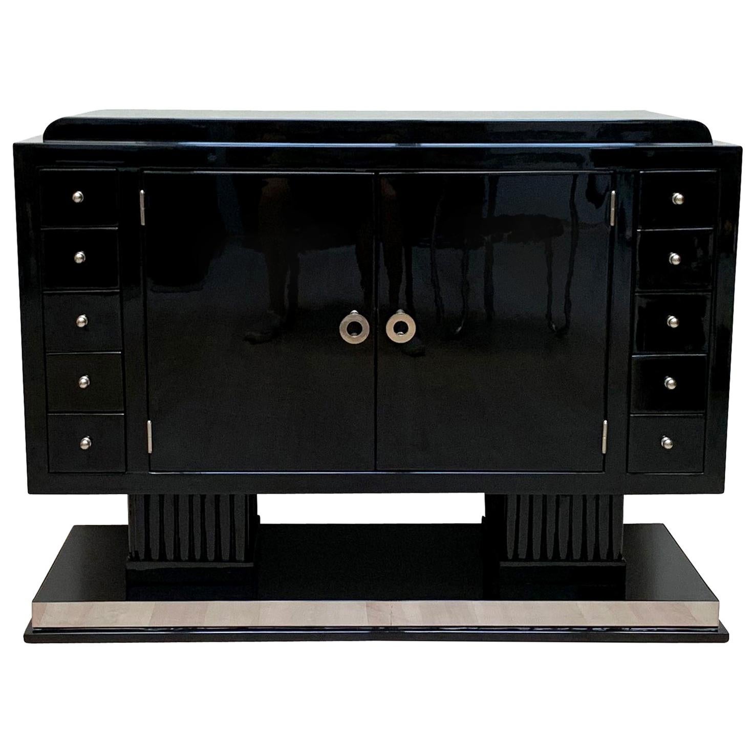 Small Art Deco Sideboard with Drawers, Black Piano Lacquer, France, circa 1930