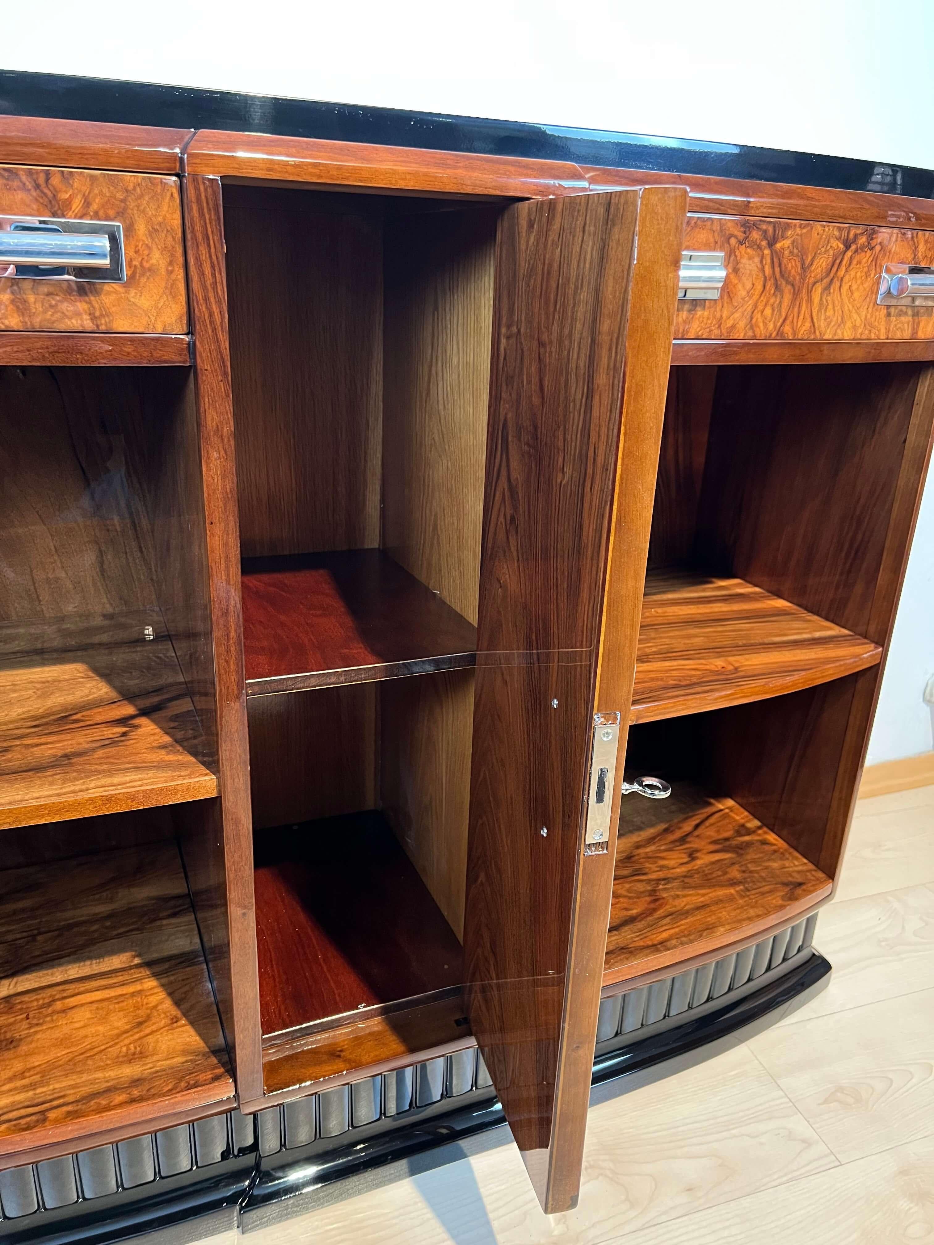 Galvanized Small Art Deco Sideboard with Open Shelf, Walnut Veneer, France circa 1930