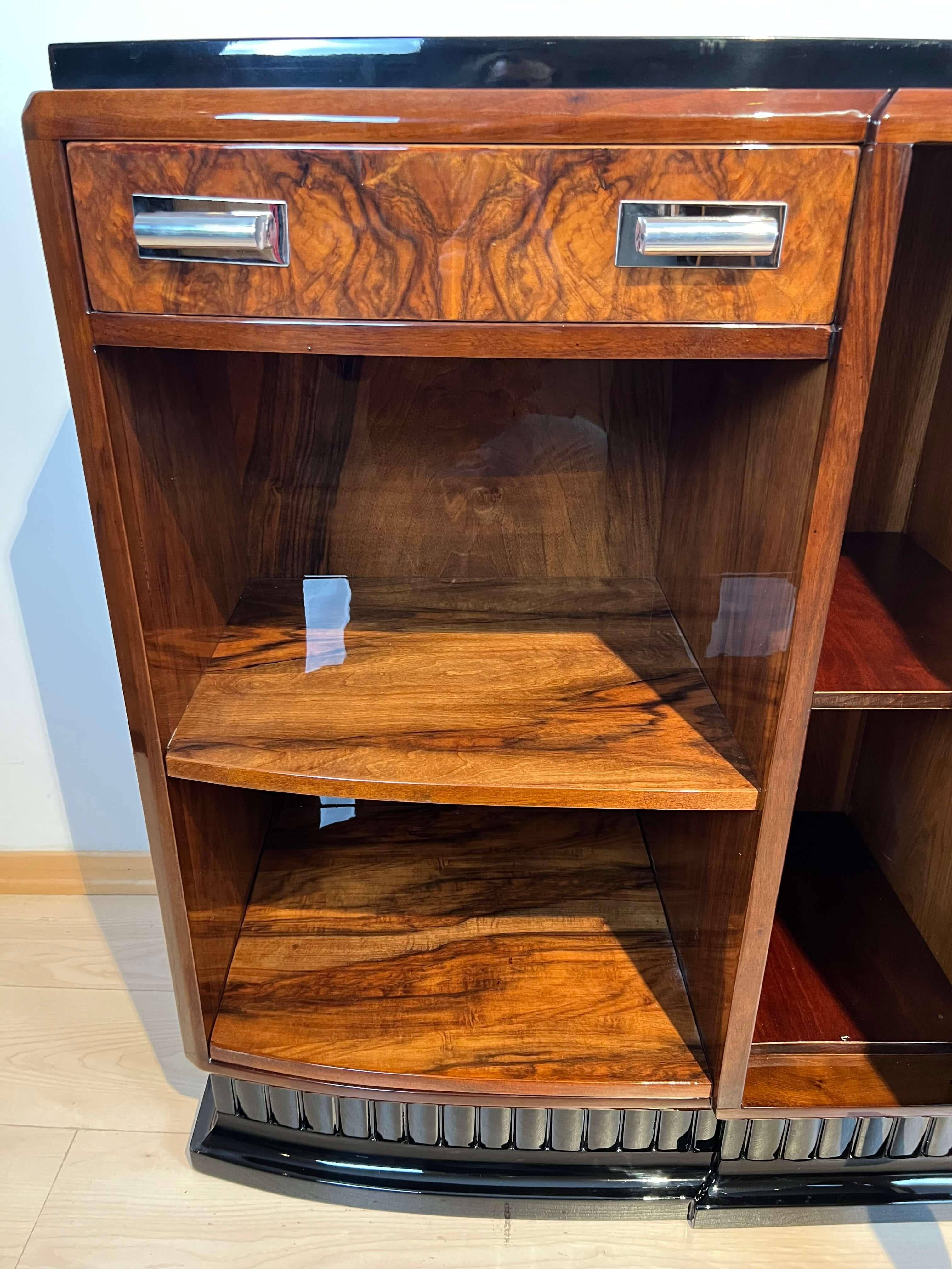 Mid-20th Century Small Art Deco Sideboard with Open Shelf, Walnut Veneer, France circa 1930