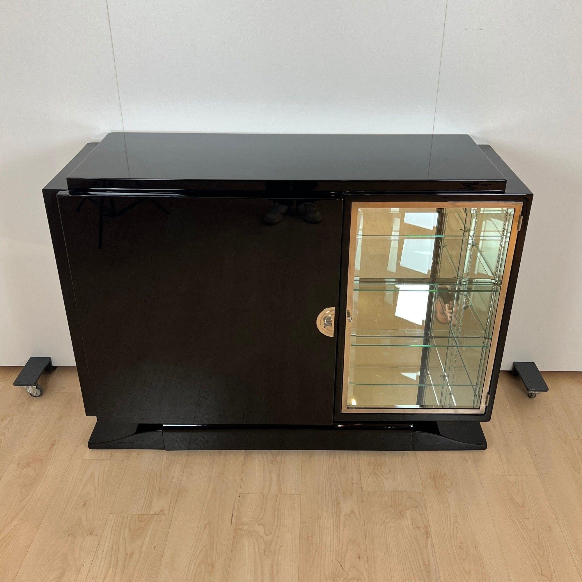 French Small Art Deco Sideboard with Vitrine, Black Lacquer, Chrome, France circa 1930