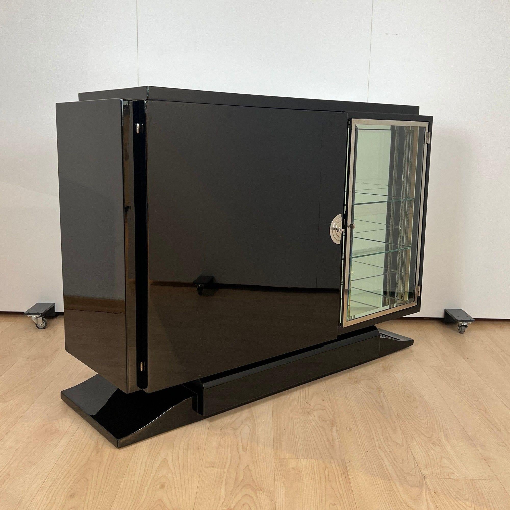 Galvanized Small Art Deco Sideboard with Vitrine, Black Lacquer, Chrome, France circa 1930