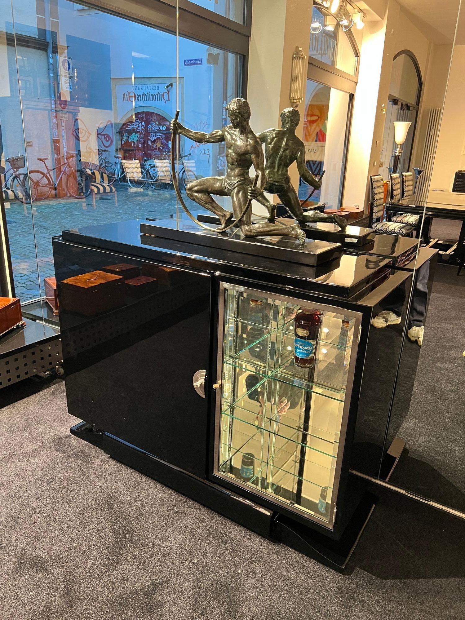 Glass Small Art Deco Sideboard with Vitrine, Black Lacquer, Chrome, France circa 1930