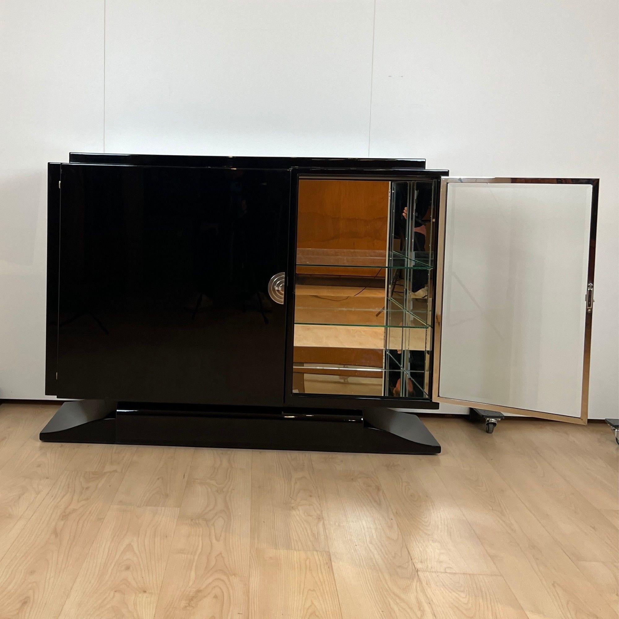 Small Art Deco Sideboard with Vitrine, Black Lacquer, Chrome, France circa 1930 1