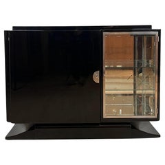 Small Art Deco Sideboard with Vitrine, Black Lacquer, Chrome, France circa 1930