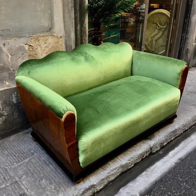 Small Art Deco Sofa Newly Upholstered with Acid Green Velvet, 1940s For