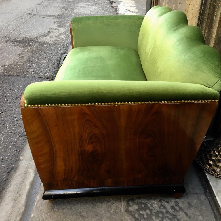 Small Art Deco Sofa Newly Upholstered with Acid Green Velvet, 1940s For