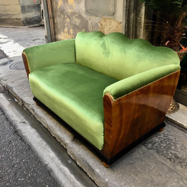 Small Art Deco Sofa Newly Upholstered with Acid Green Velvet, 1940s For