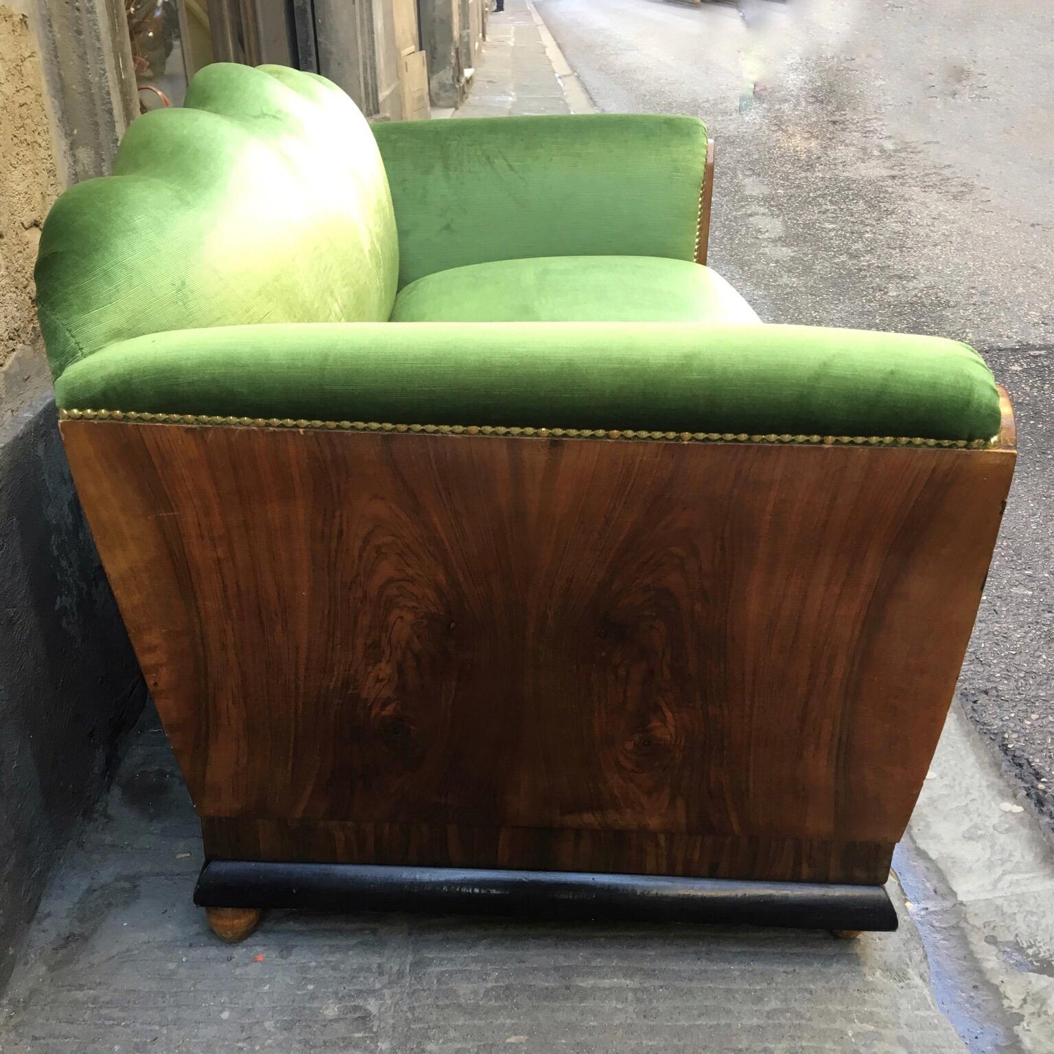 Wood Small Art Deco Sofa Newly Upholstered with Acid Green Velvet, 1940s