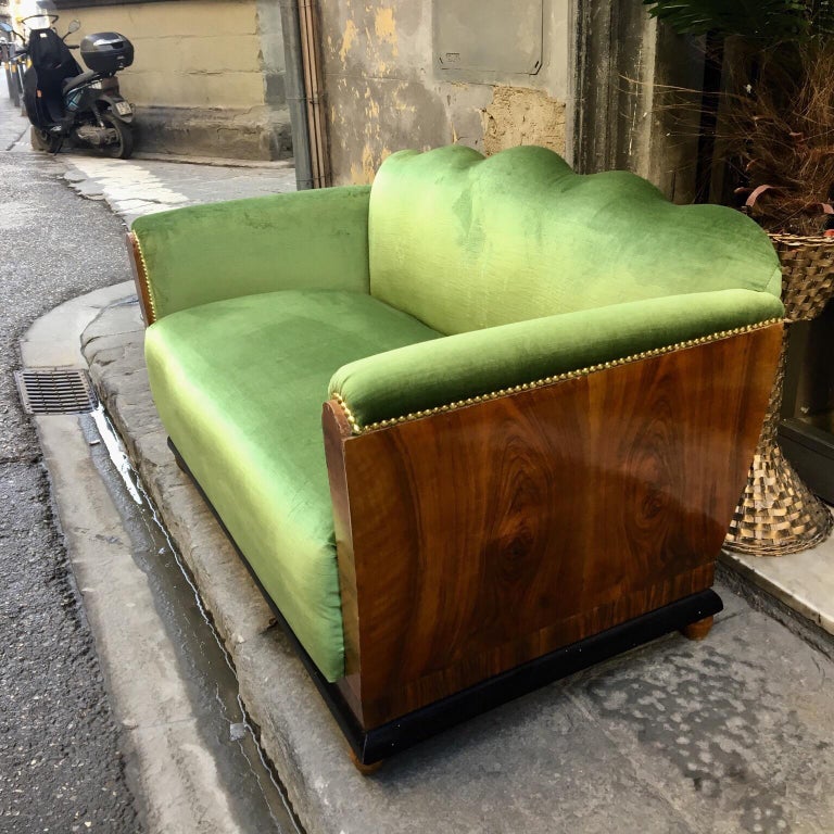 Small Art Deco Sofa Newly Upholstered with Acid Green Velvet, 1940s For
