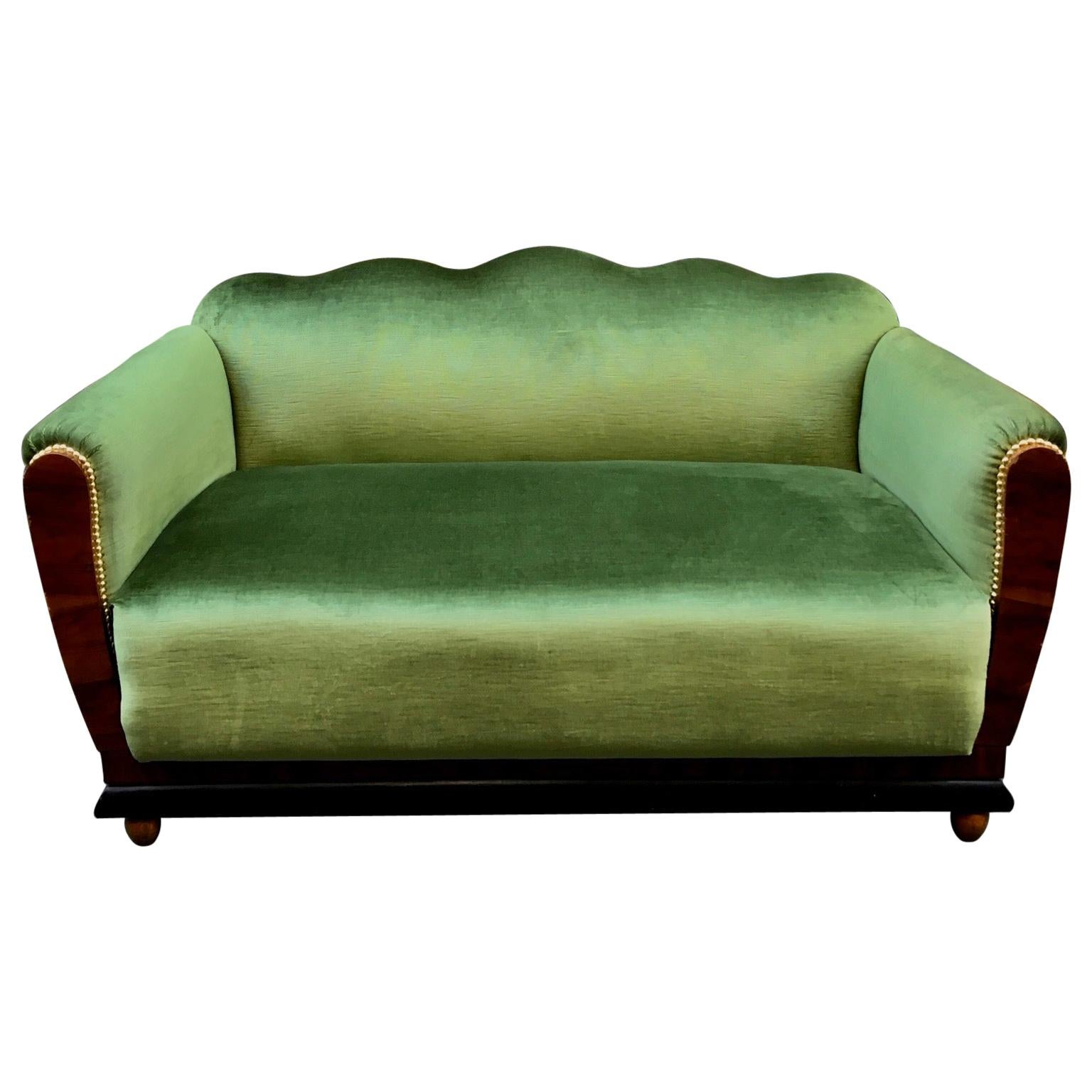 Small Art Deco Sofa Newly Upholstered with Acid Green Velvet, 1940s