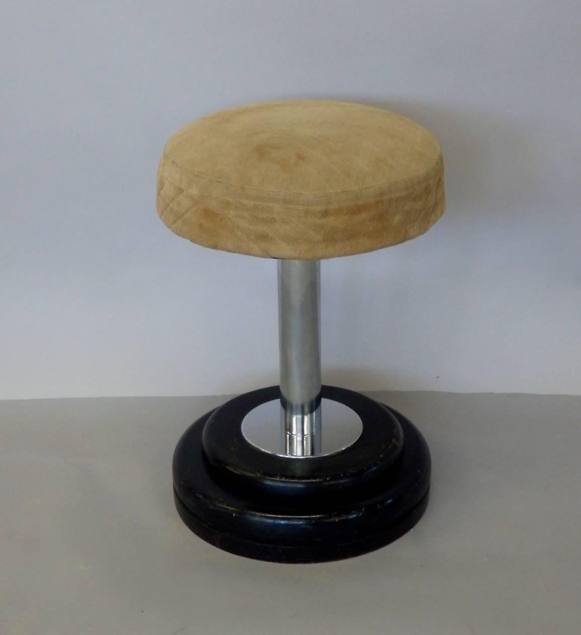 French Small black with chrome Art Deco Stool in Original Fabric For Sale