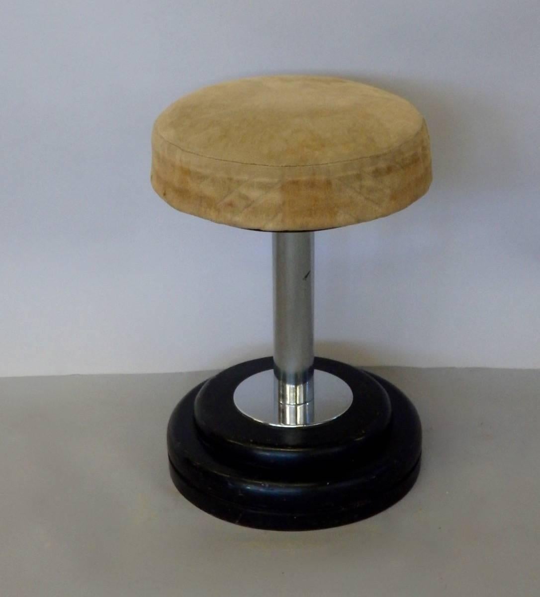 Lacquered Small black with chrome Art Deco Stool in Original Fabric For Sale