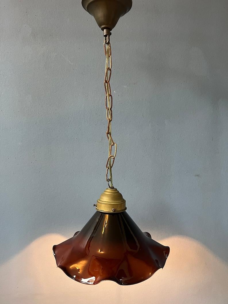 20th Century Small Art Deco Style Flower Shaped Pendant Lamp in Red/Brown Colour, 1970s For Sale