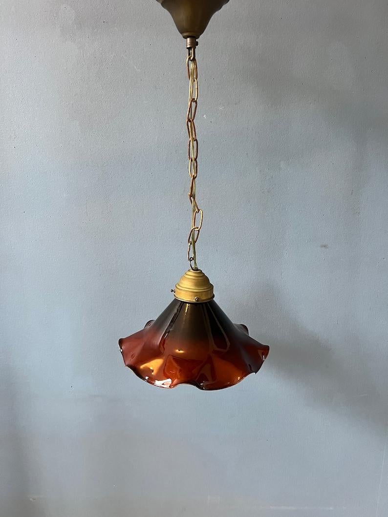 Small Art Deco Style Flower Shaped Pendant Lamp in Red/Brown Colour, 1970s For Sale 1