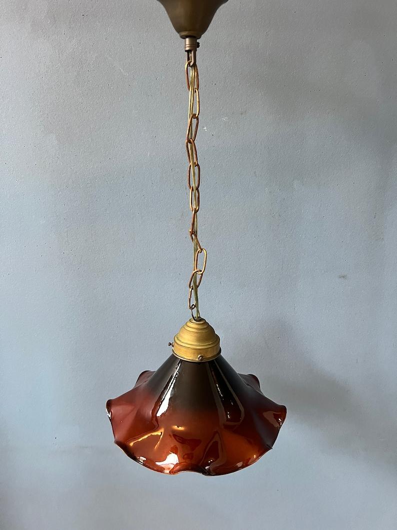Small Art Deco Style Flower Shaped Pendant Lamp in Red/Brown Colour, 1970s For Sale 2