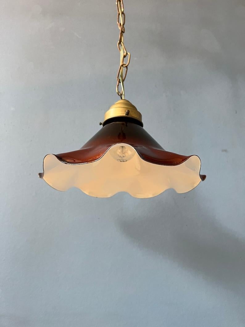 Small Art Deco Style Flower Shaped Pendant Lamp in Red/Brown Colour, 1970s For Sale 3