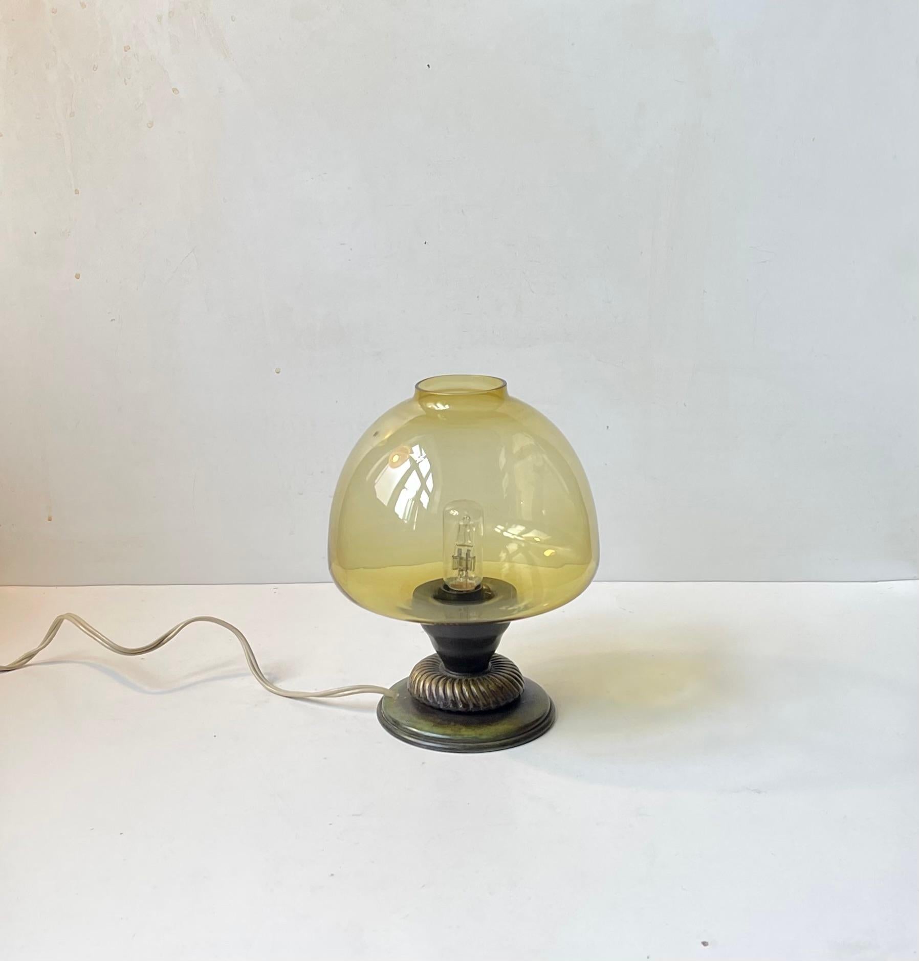 European Small Art Deco Style Table Lamp Bronze and Green Glass