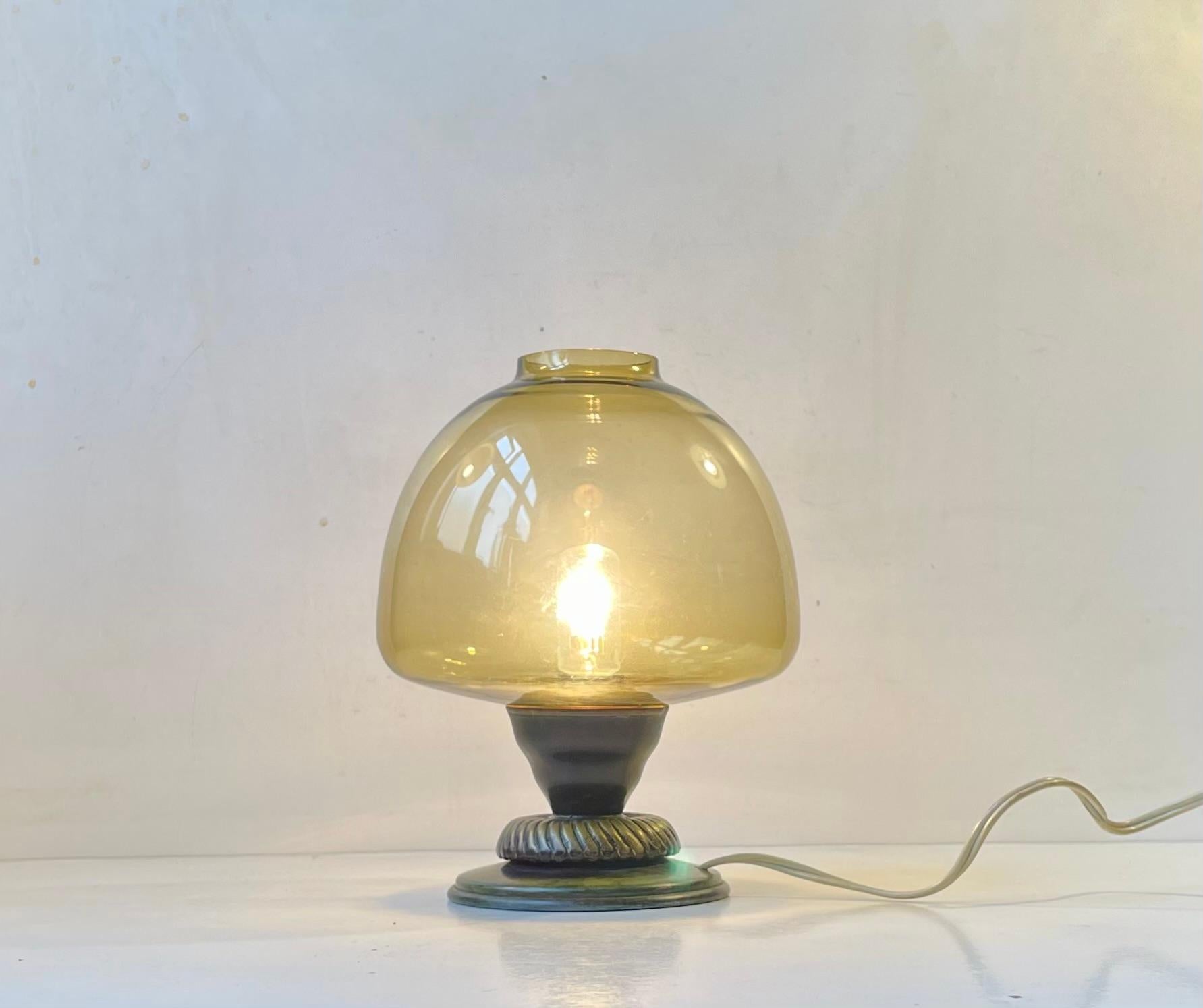 Mid-20th Century Small Art Deco Style Table Lamp Bronze and Green Glass