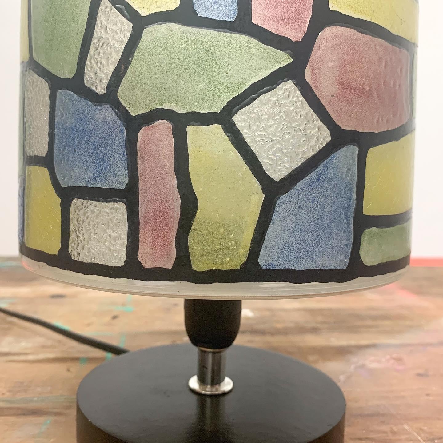 Late 20th Century Small Art Deco Style Table Lamp With Stained Glass Shade - British, C1990s For Sale
