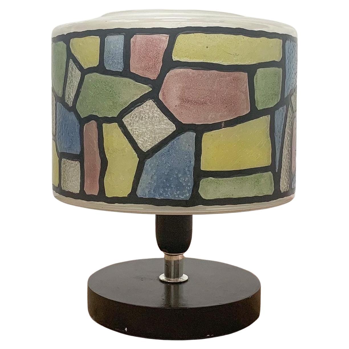 Small Art Deco Style Table Lamp With Stained Glass Shade - British, C1990s For Sale