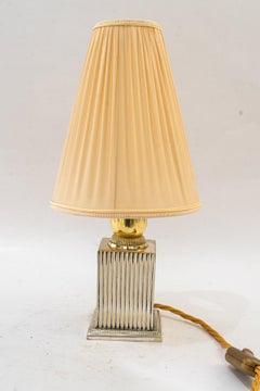 Small Art Deco Table lamp nickel- brass conbination with fabric shade 1920s