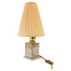 Antique Small Art Deco Table lamp nickel- brass conbination with fabric shade 1920s