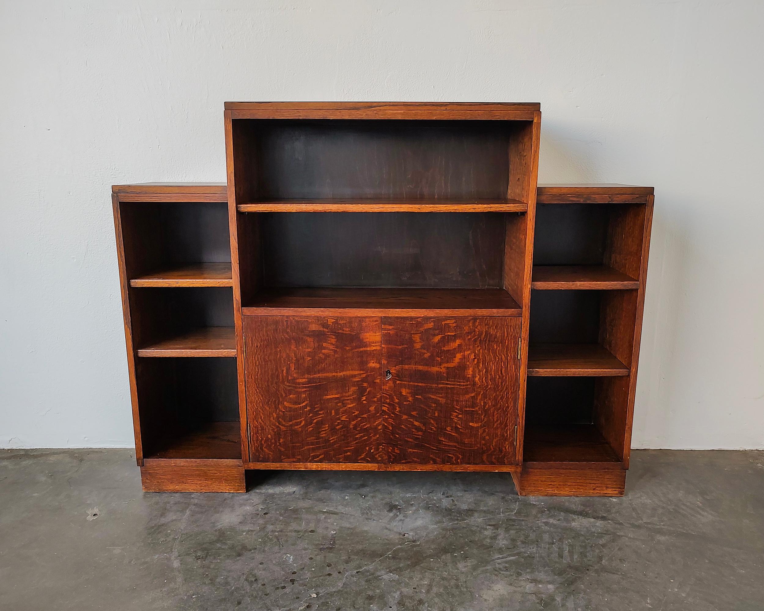 Unknown Small Art Deco Tiger Oak Wood Bookshelf Cabinet 1920s