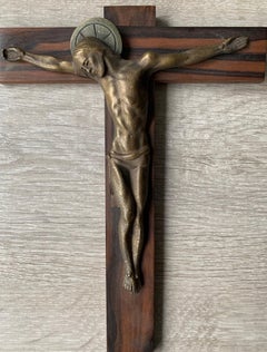 Small Art Deco Wall Crucifix Depicting Bronze Corpus Mounted on a Macassar Cross