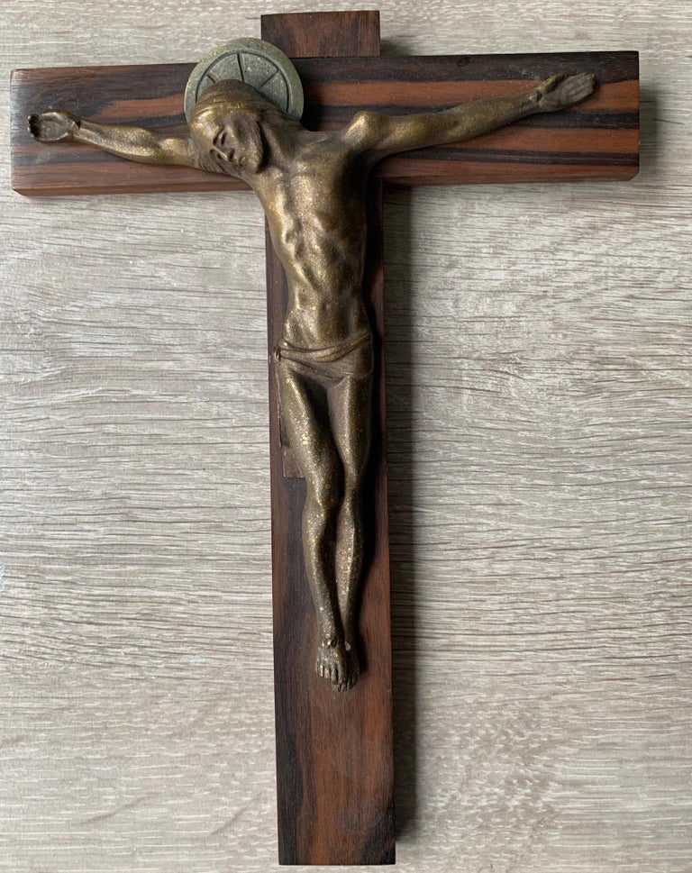 Small Art Deco Wall Crucifix Depicting Bronze Corpus Mounted on a