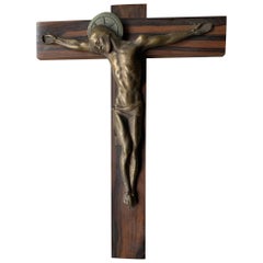 Small Art Deco Wall Crucifix Depicting Bronze Corpus Mounted on a Macassar Cross