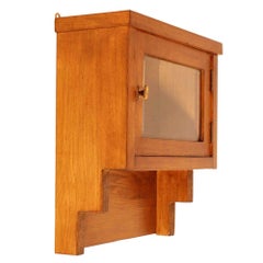 Retro Small Art Deco Wall apothecary or display Cabinet, Bevelled Crystal in oak wood