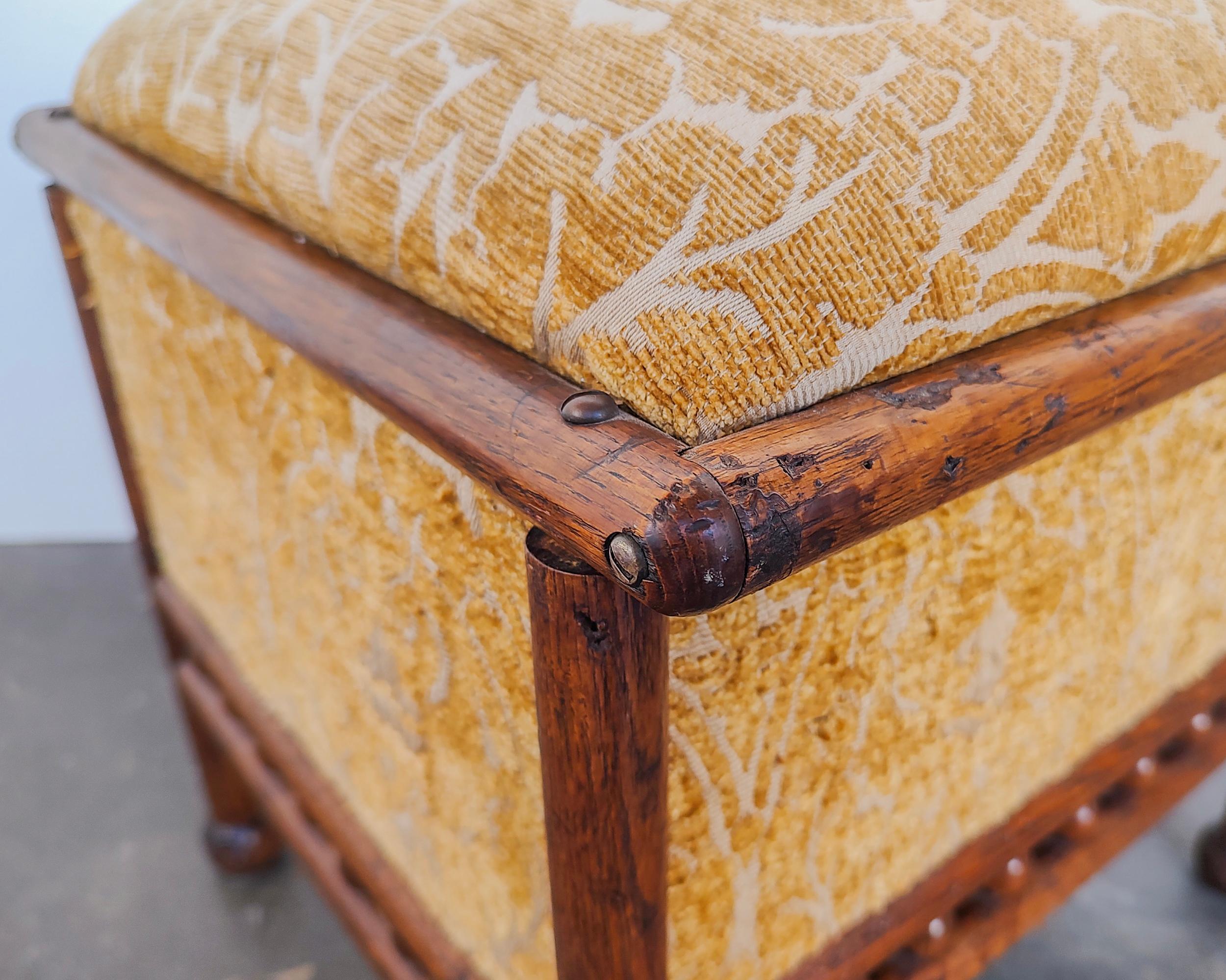 Small Art Deco Yellow Fabric and Oak Foot Stool Ottoman In Good Condition For Sale In Hawthorne, CA