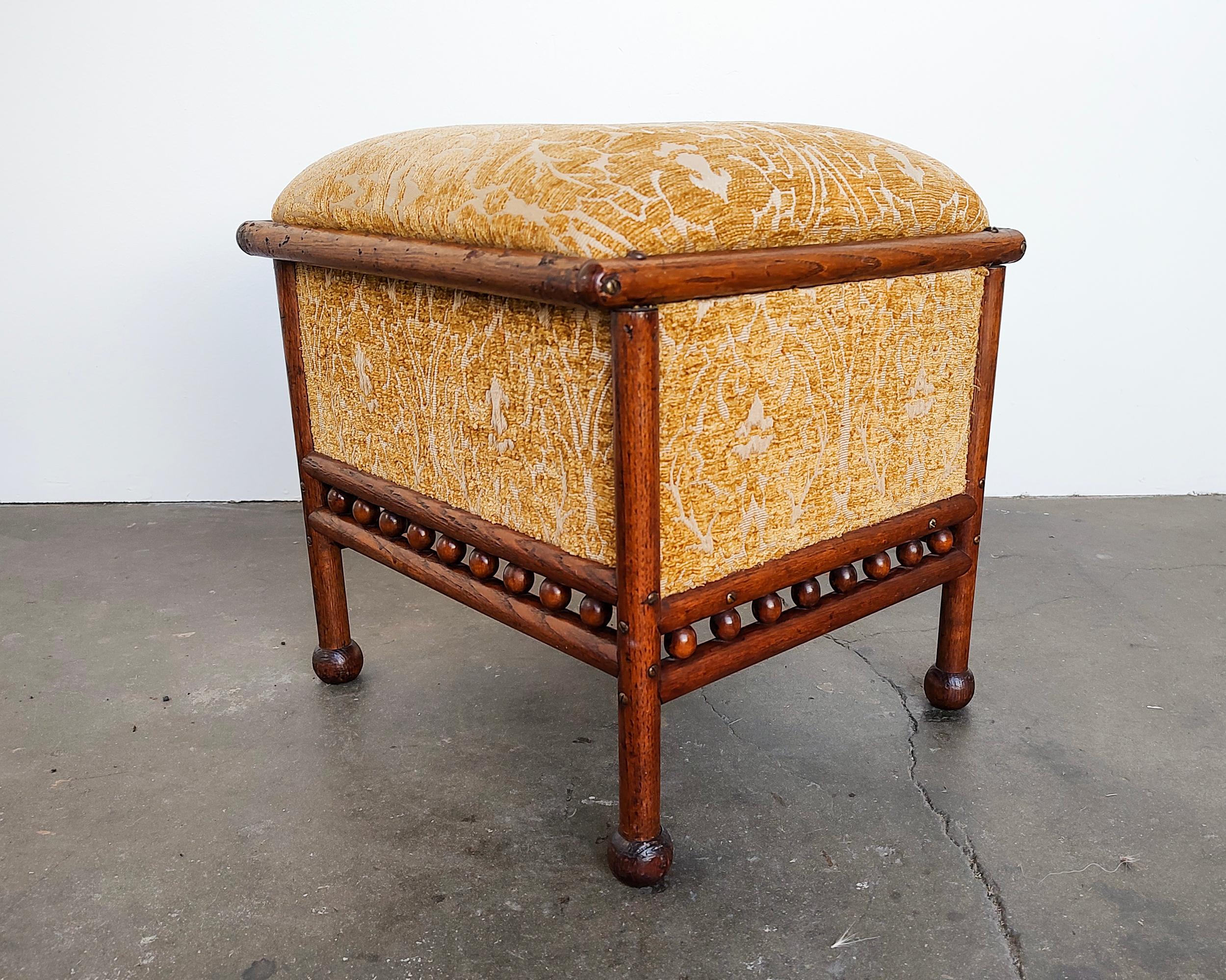 Small Art Deco Yellow Fabric and Oak Foot Stool Ottoman For Sale 4