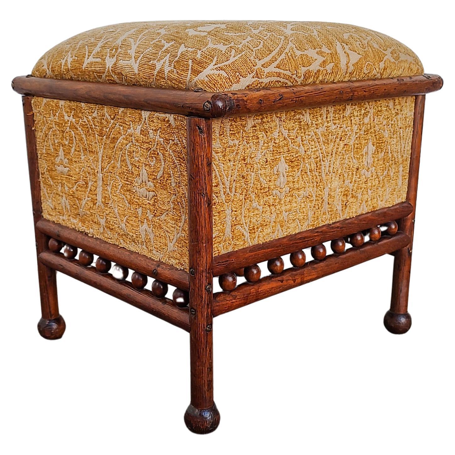 Small Art Deco Yellow Fabric and Oak Foot Stool Ottoman For Sale