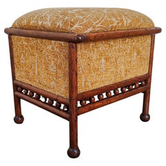 Antique Small Art Deco Yellow Fabric and Oak Foot Stool Ottoman
