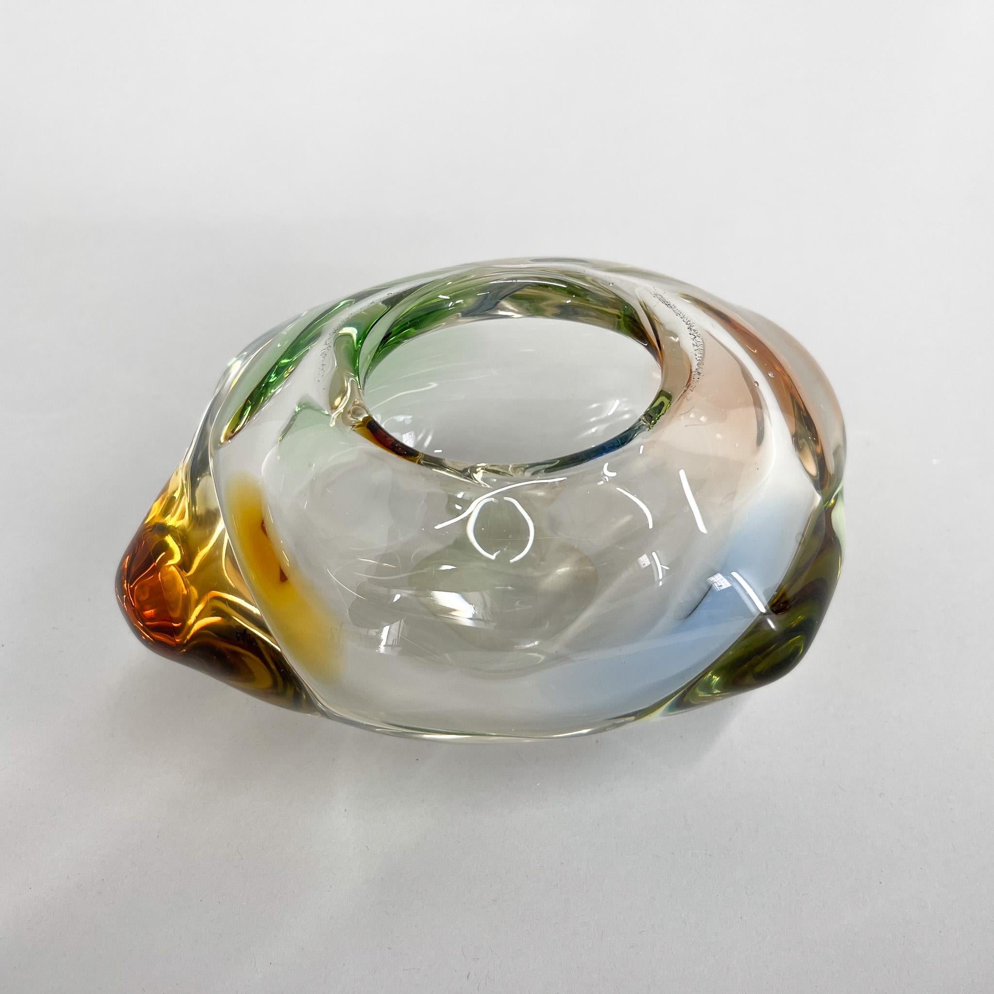 Beautiful small midcentury coloured art glass bowl designed by Frantisek Zemek and produced by Mstisov Glassworks in 1960s. The piece is from the Rhapsody collection. 
There are some signs of use (see photo).