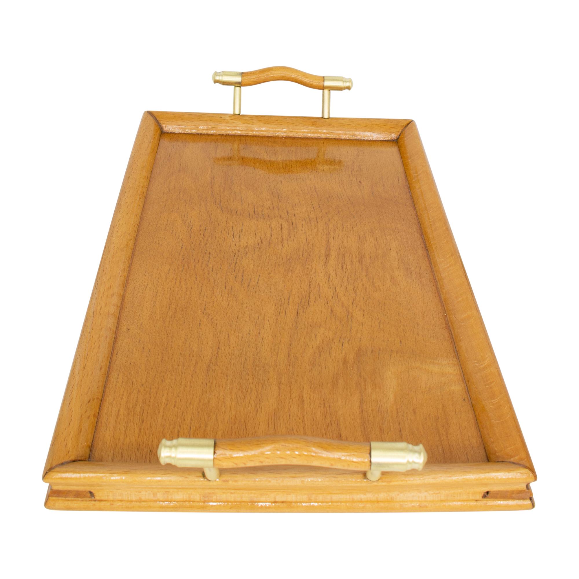 Beautiful small tray from the Art Nouveau period made of beech wood with brass and beech handles. Practical small and very decorative. Very good restored condition, newly hand polished.