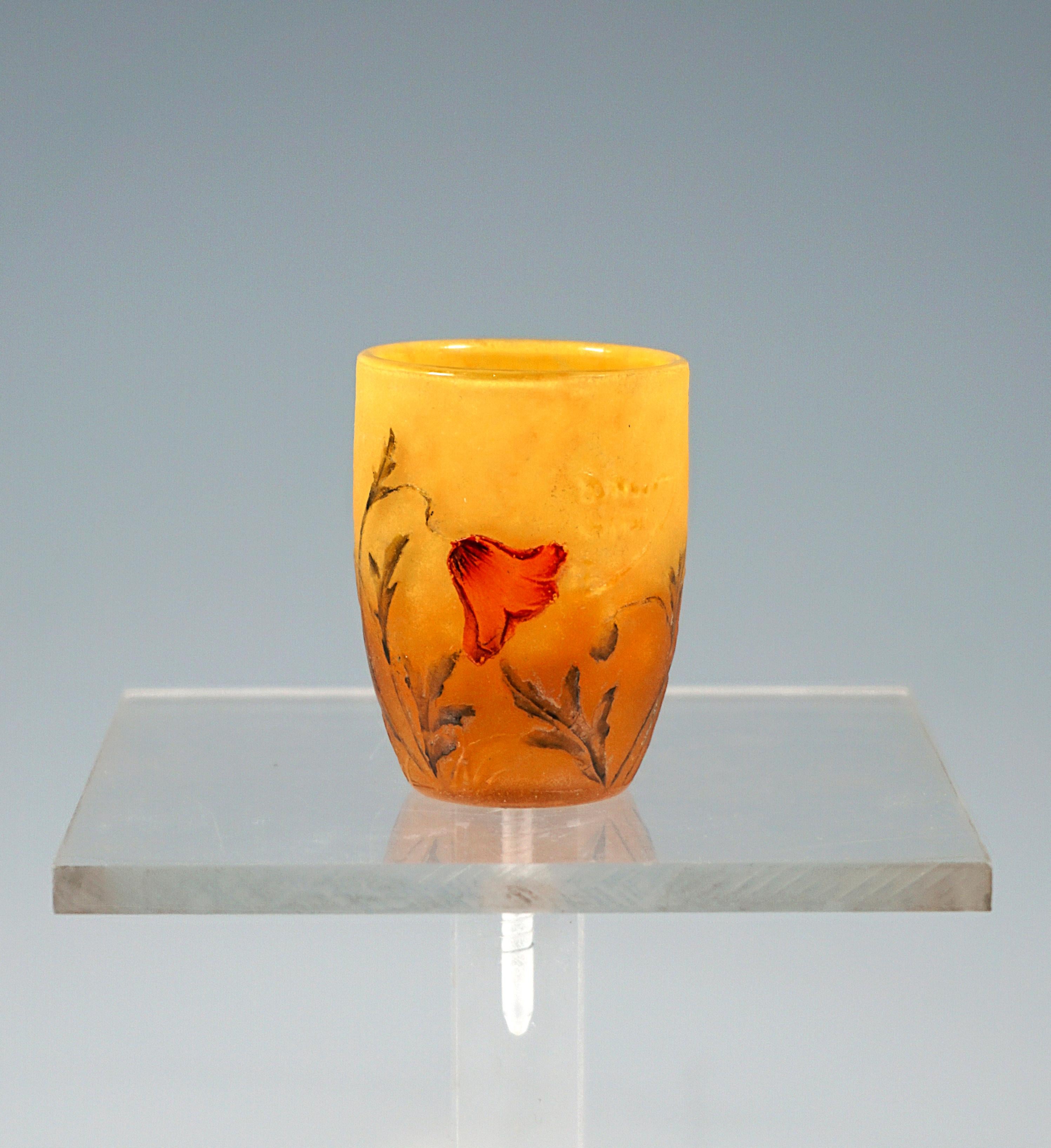 Delicate small vase, round flush stand, colourless glass with flaky yellow and orange-brown powder fusions, meadow poppy flower decoration etched in several stages and painted with coloured enamel, satin finish in the background, smooth interior,