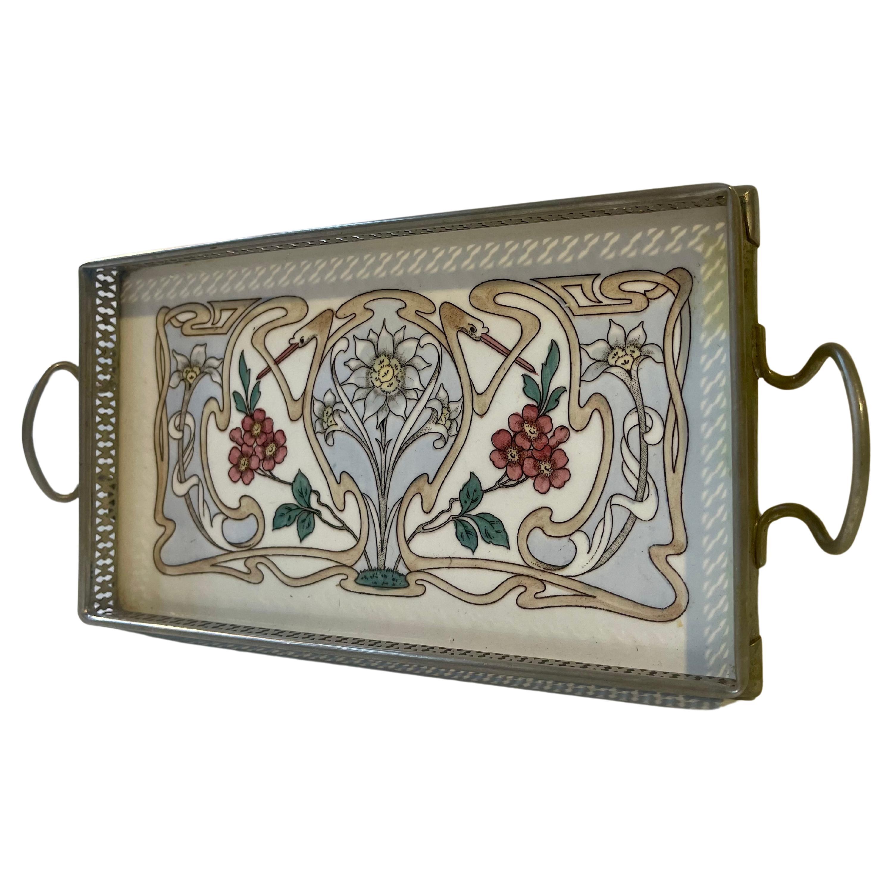 Kleines Jugendstil-Porzellan-Tablett m. Handbemaltes Swan-Motiv 