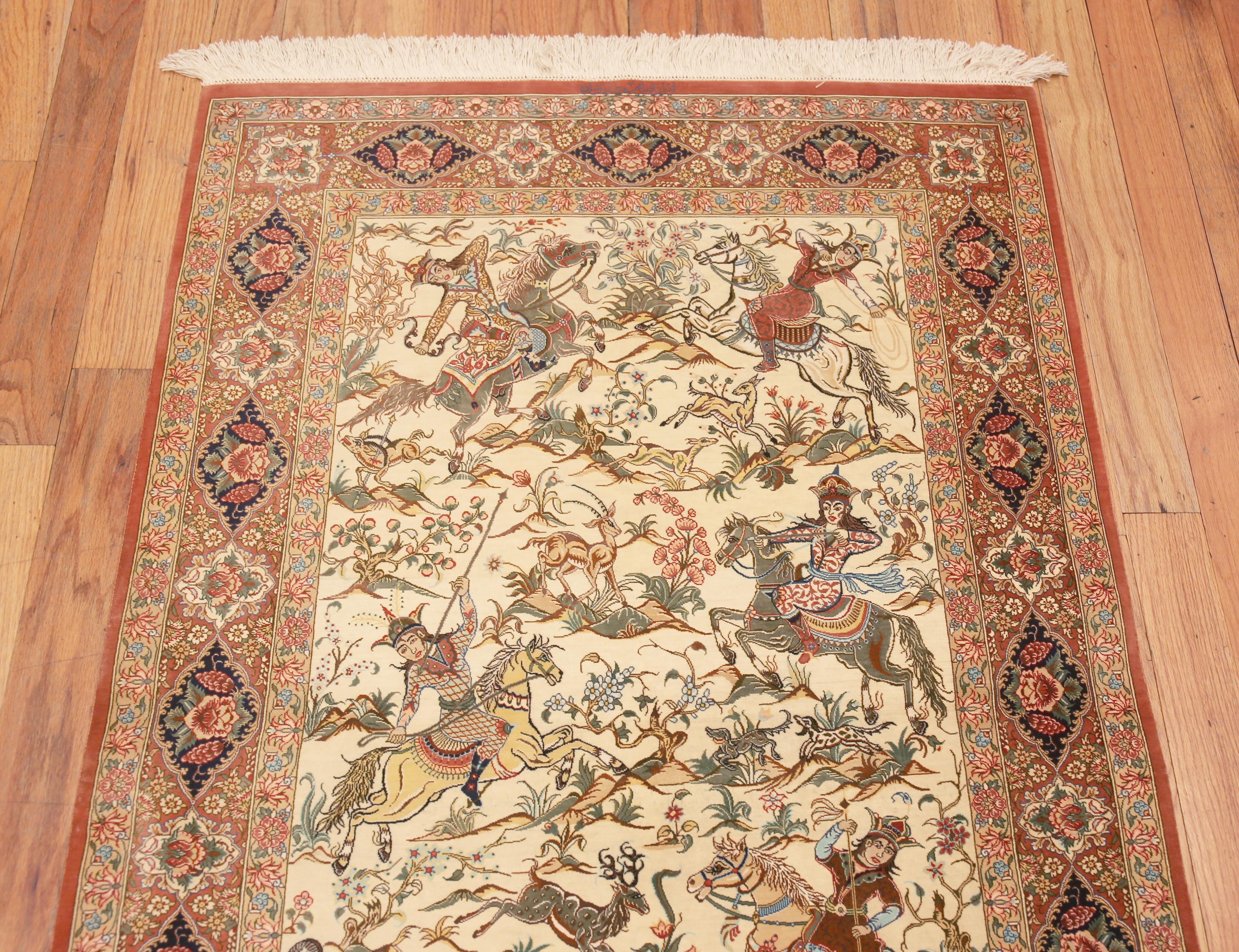 Small Artistic Pictorial Luxurious Vintage Persian Silk Qum Rug 3'3