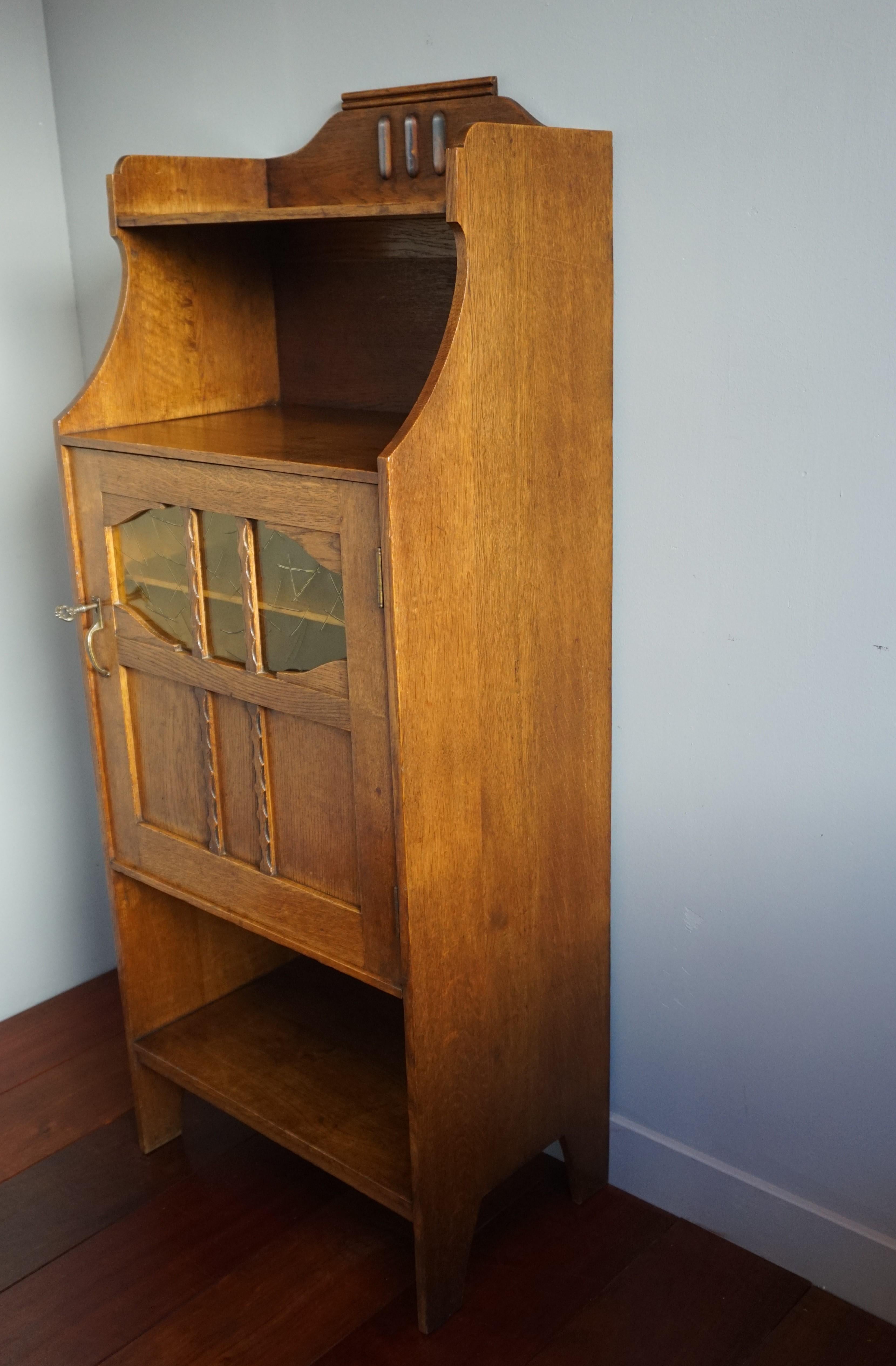 20th Century Small Arts & Crafts Half Open Bookcase / Cabinet with Amber Art Glass Panels