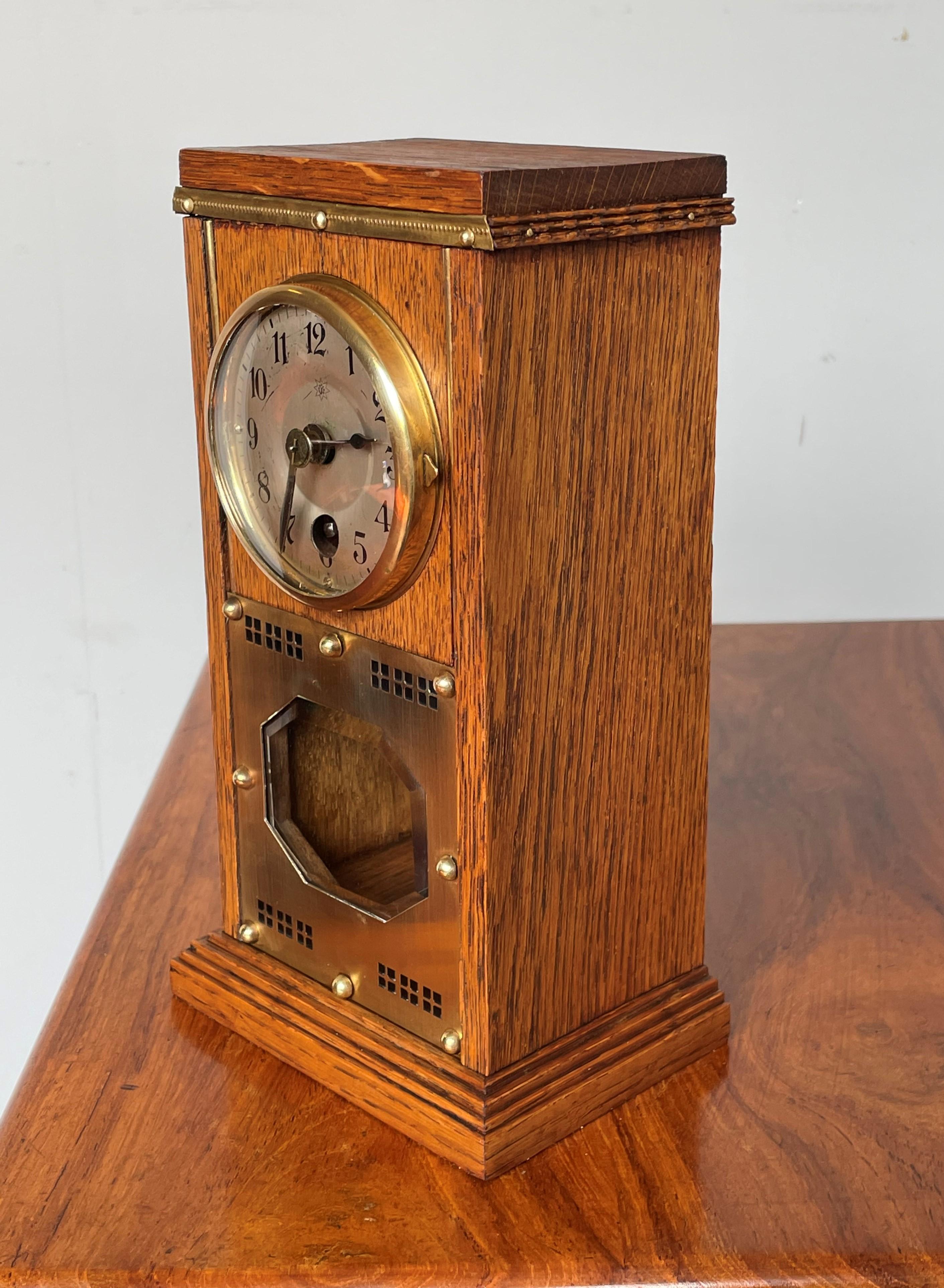 Small Arts & Crafts Table or Desk Clock with Beveled Glass and Brass Metalwork 3