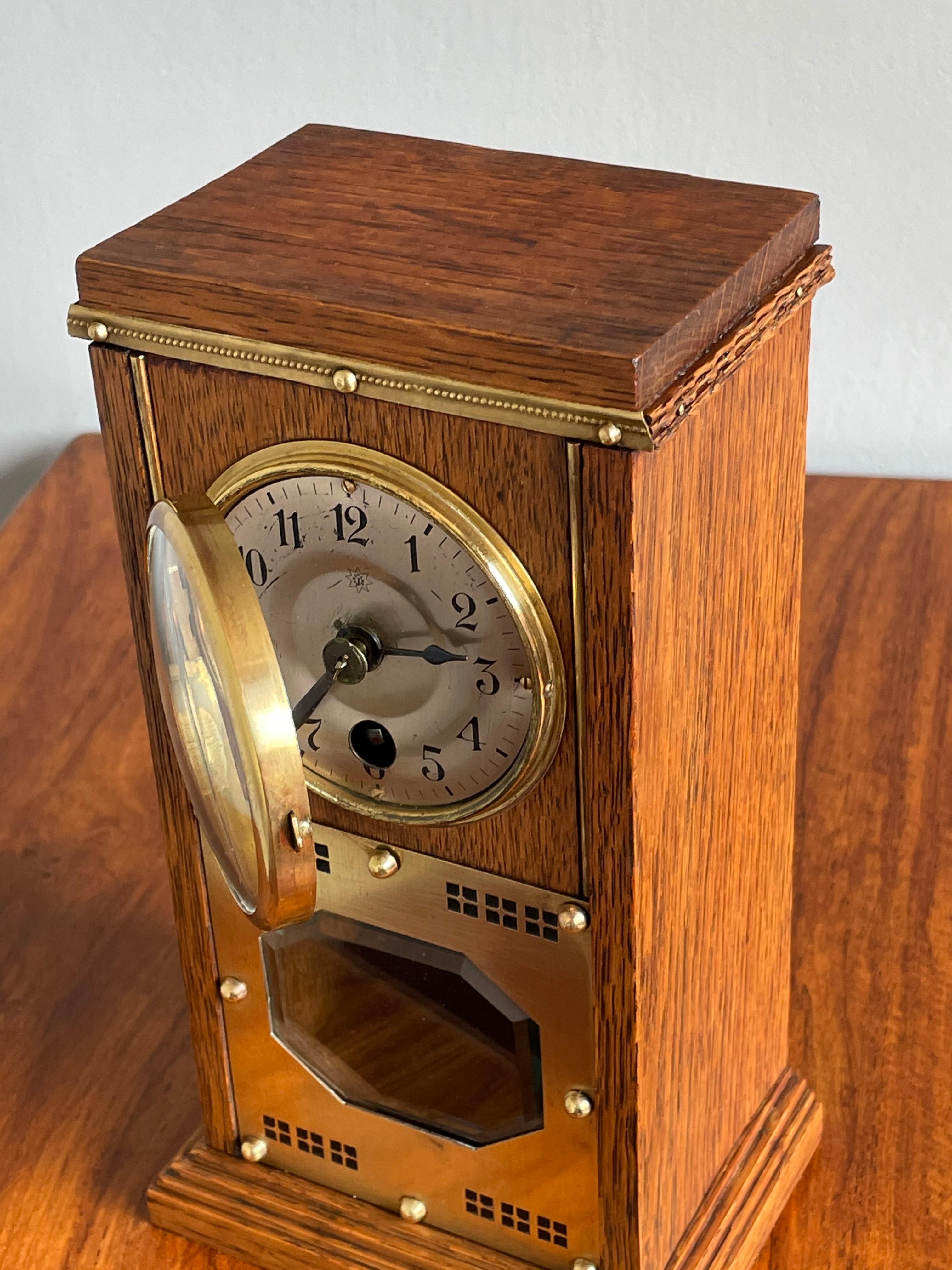 Small Arts & Crafts Table or Desk Clock with Beveled Glass and Brass Metalwork 4